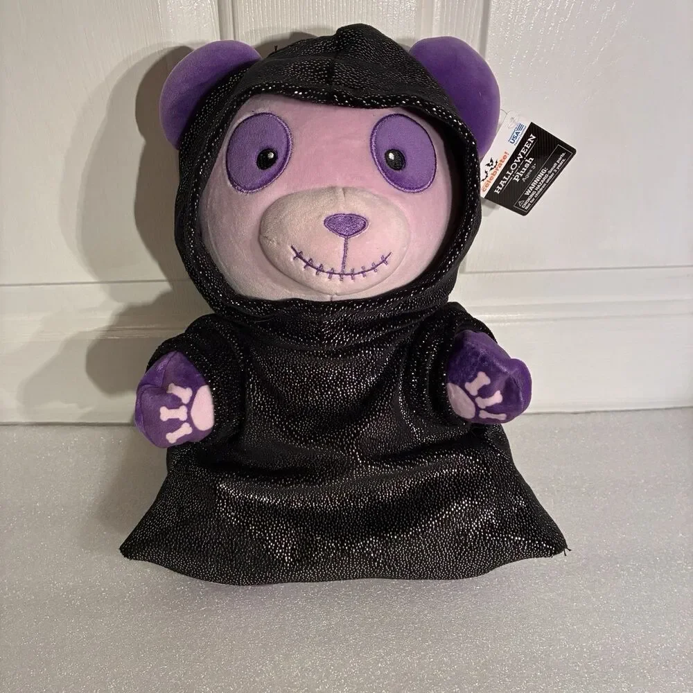 Halloween Purple Panda Reaper Plush Toy Wearing Black Sparkled Hooded Robe. New